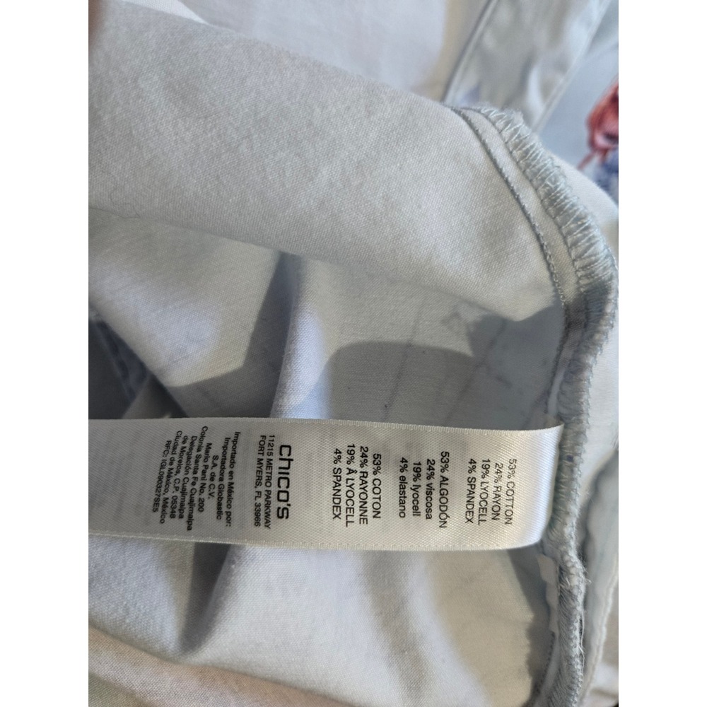 Chicos Bon Voyage Sateen Jacket Light Blue Flamingo Floral Script Print Size 4 - Picture 13 of 13